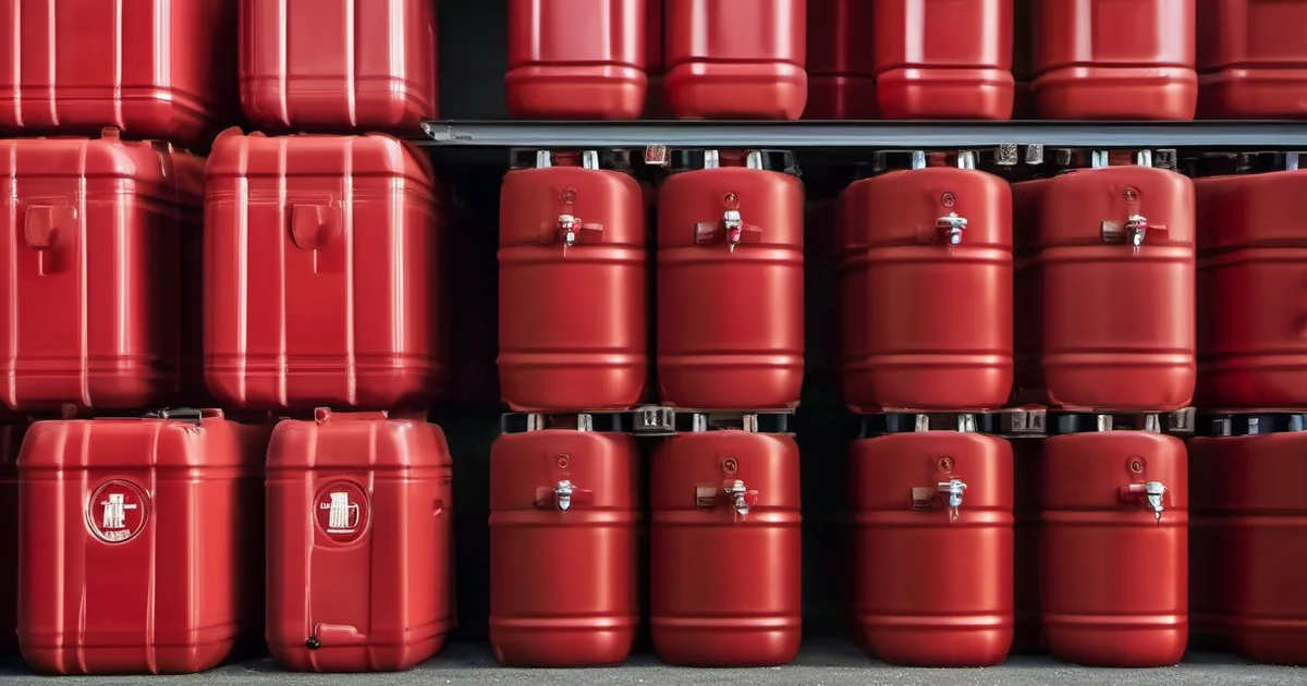 Jerrycans homologados de gasolina y diésel almacenados en el exterior junto a un generador portátil