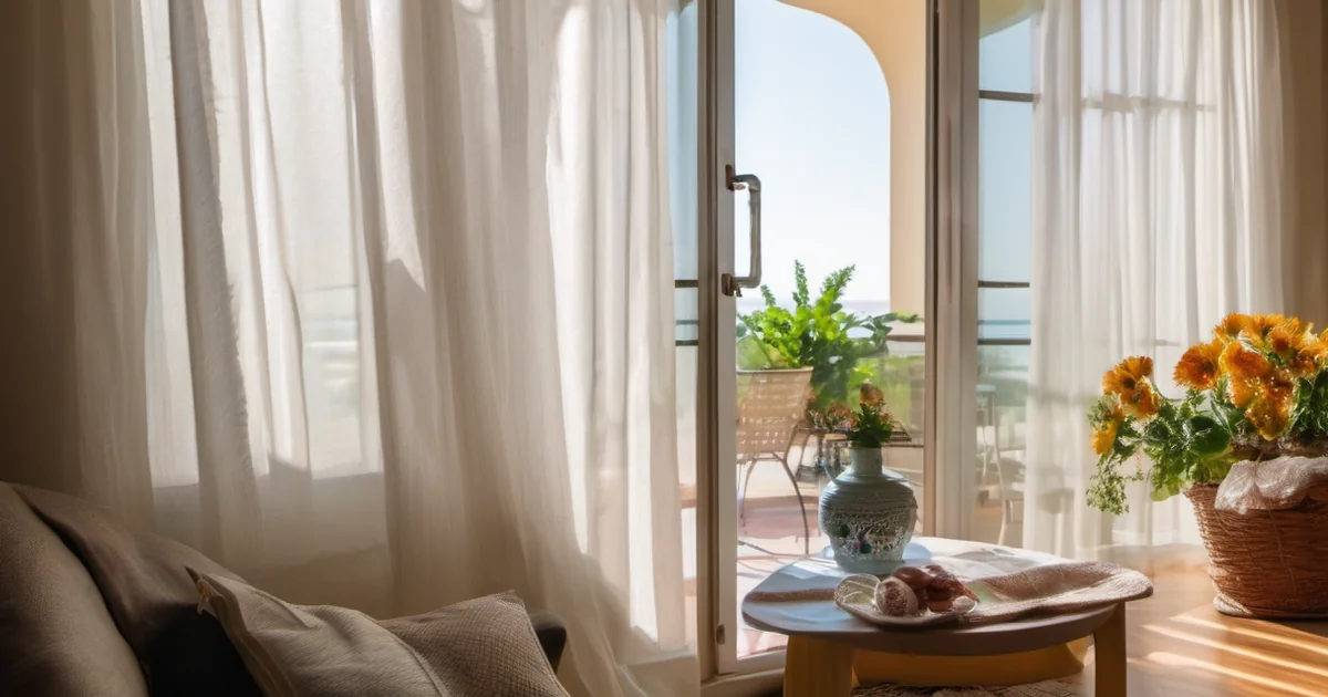 Salón de casa en una ola de calor veraniega con ventana abierta y abanico durante un apagón