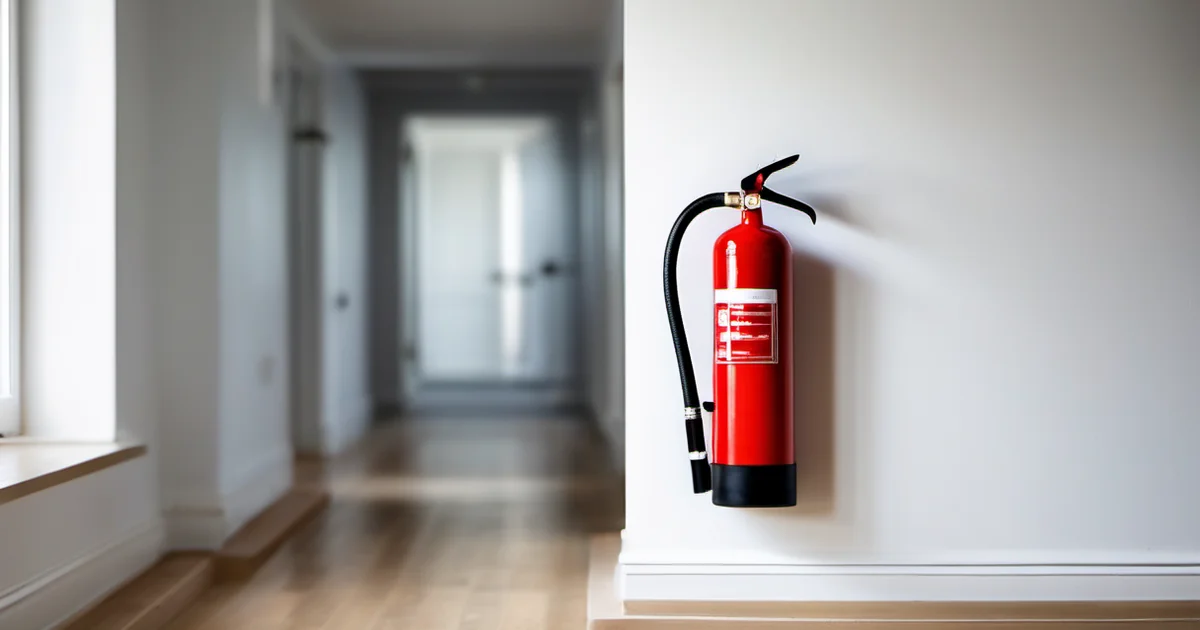 Extintor de polvo ABC rojo montado en la pared de una cocina doméstica — mejor extintor para casa