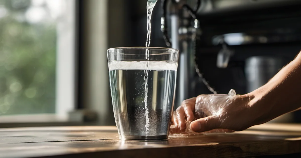 Agua de lluvia recogida en un depósito siendo decantada antes de potabilizarla para beber