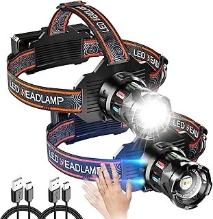 2 faros LED recargables, 8900 lúmenes, faro superbrillante con sensor de movimiento, 9 modos de lámpara de cabeza zoomable, 180° ajustable, IPX7 impermeable para campamento, correr, escalar, senderismo