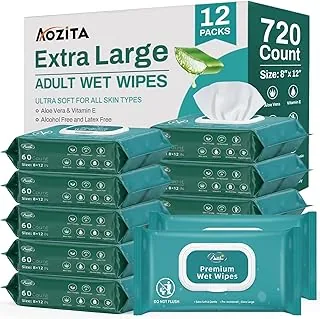 720 unidades (12 paquetes de 60) toallitas para adultos, 8 x 12 pulgadas, toallitas húmedas extra grandes para incontinencia y limpieza, toallitas desechables para ducha corporal y baño para baños de