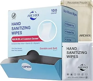 ARCHXX Toallitas desinfectantes de manos suaves como el algodón, 100 unidades, toallitas de manos antibacterianas envueltas individualmente, 70% de alcohol, tamaño de viaje, desinfectantes para el hogar, la oficina y el aire libre, aroma de aloe vera