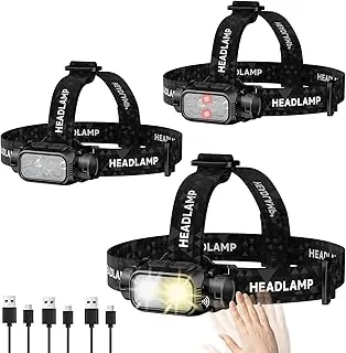 ATDOALL Linterna frontal recargable para adultos y senderismo, paquete de 3 lámparas LED ligeras e impermeables superbrillantes con luz roja, sensor de movimiento, 5 modos, ajustable a 90°, faros para campamento, correr