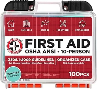 Be Smart Get Prepared 100 piezas. Kit de primeros auxilios. Supera las normas OSHA ANSI para 10 personas; oficina, casa, auto, escuela, emergencia, supervivencia, camping, caza y deportes