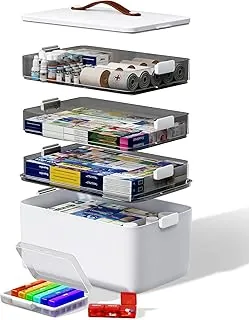 Botiquín organizador de 4 niveles con mango de cuero, kit de primeros auxilios de plástico vacío, caja de almacenamiento multiusos con un organizador de pastillas semanal portátil para emergencias familiares, hogar