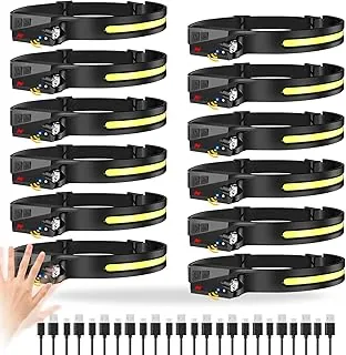Bud K Paquete de 12 linternas frontales recargables, linternas de 1000 lúmenes para adultos, linterna frontal de haz ancho de 230 grados y foco, sensor de movimiento, 6 modos, linternas frontales