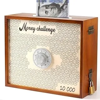 Caja de desafío de ahorro de 10000 con cerradura, caja de ahorro de dinero de madera grande de 10 quilates, ahorro de $10,000 reutilizable para monedas y dinero, caja de ahorro de caja de ahorro, rastreador de números, alcancía para adultos y niños, color marrón