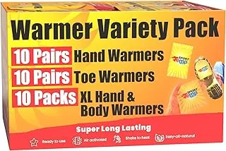 Calentadores de manos, pies y XL para cuerpo y manos - Paquete variado, 10 pares de calentadores de manos, 10 pares de calentadores de pies con adhesivo, 10 calentadores XL de manos y cuerpo
