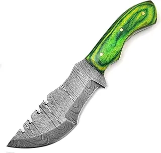 Cuchillo de rastreo de Damasco, cuchillo de transporte horizontal, cuchillo de transporte con funda de hoja fija, cuchillos de caza para hombres (madera verde)