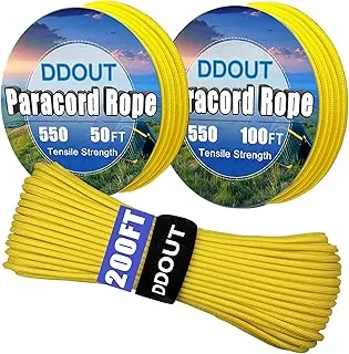 DDOUT Cuerda de nailon paracord amarilla de 50 pies con núcleo de 7 hebras, 10 colores y 50/100/200 pies, cuerda de paracaídas tipo III de 4 mm para campamento, supervivencia, senderismo, DIY