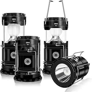 DIBMS Paquete de 4 linternas solares para acampar, linterna LED plegable recargable por USB, linterna de emergencia colgante para acampar, huracanes, cortes de energía, interior y exterior