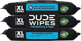DUDE Toallitas – Toallitas tirables al inodoro – Paquete de 3, 144 toallitas – Toallitas húmedas extragrandes para adultos sin perfume – Vitamina E y aloe – Seguro para sépticos y alcantarillados