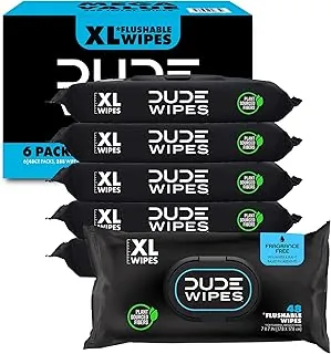 DUDE Wipes - Toallitas desechables en inodoro sin aroma - (Paquete de 6) 288 piezas - Extra grandes - Desechables - Vitamina E y aloe - Seguro para séptico y alcantarillado
