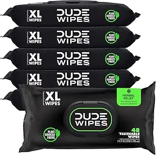 Dude Wipes - Toallitas desechables - Paquete de 6, 288 piezas - Alivio herbal extra grande - Aceites esenciales de hamamelis y geranio - Seguro para séptico y alcantarillado