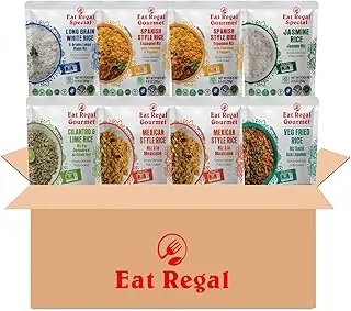 Eat Regal Heat & Eat - Paquete variado de arroz – 8 bolsas de 8.8 onzas – 6 sabores: español (2x), mexicano (2x), blanco de grano largo (1x), cilantro y lima (1x), jazmín tailandés (1x), frito de