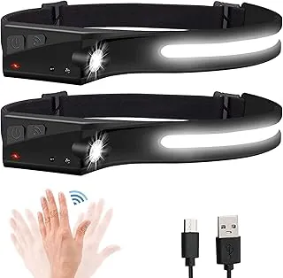 EGUKU Linterna de faro delantero, paquete de 2 faros LED recargables de 1200 lúmenes, 2 COB 230 ° de ancho con 5 modos brillantes, lámpara de cabeza ligera impermeable para correr al aire libre