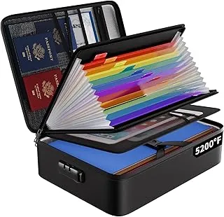 ENGPOW Bolsa Organizadora de Archivos Ignífuga con 13 Bolsillos Coloridos Carpeta de Archivos Acordeón, Caja Organizadora de Documentos 5200℉ con Cerradura y Etiquetas, Almacenamiento Seguro Portátil