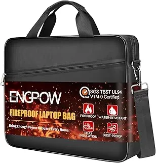 ENGPOW Laptop Bag, Fireproof 15.6 inch Messenger Bag Safe Storage for Laptop or Tablet, Computer Bag Carrying Case with Shoulder Strap＆Handle, Dual Zipper, Mesh Pockets for Home Office Travel, Black | Fireproof, Laptop Safe
