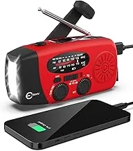 Esky Radio de manivela de emergencia de 7400 mWh con linterna LED de 3, radio meteorológica portátil AM/FM/NOAA con cargador de teléfono de banco de energía, radio recargable con energía solar para