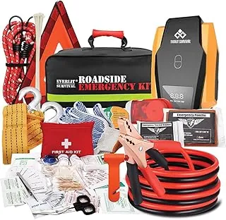 Everlit Kit de emergencia para automóvil de supervivencia, kit de herramientas de seguridad en carretera con guantes, compresor de aire digital para inflador, kit de primeros auxilios, cable de puente