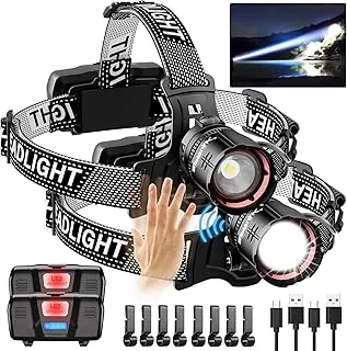 Faro LED de alto lúmenes y tiempo de uso de 100 horas, lámpara frontal recargable por USB, luz frontal ajustable de 90° con sensor de movimiento de haz ancho con 5 modos, zoomable para camping