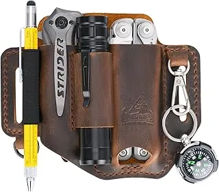 FLYHOMES - Funda Premium de cuero de vaca genuina de grano completo para multiherramientas | Organizador de cinturón cosido hecho a mano para Leatherman, linterna, bolígrafo y herramientas EDC | Funda