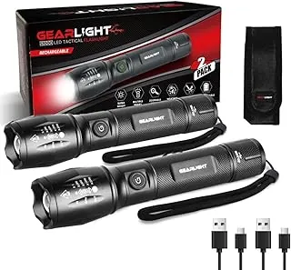 GearLight Linterna táctica LED S1000 – lúmenes altos, carga rápida USB-C, doble botón, IPX4 resistente al agua, tamaño de bolsillo para camping y emergencias con baterías, paquete de 2 (recargable)