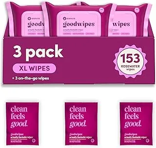 goodwipes Toallitas desechables – Toallitas húmedas de agua de rosas para adultos, seguro para alcantarillado y séptico, esenciales para el baño de invitados para mujeres y hombres, pH equilibrado y extra grande, 153 unidades (3 paquetes y 3 individuales)