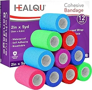 HEALQU Vendaje Autoadhesivo – 12 rollos de cinta cohesiva de 2 pulgadas x 5 yardas para atletismo y deportes – Cinta médica autoadherente, vendajes flexibles y elásticos multicolor para muñeca y
