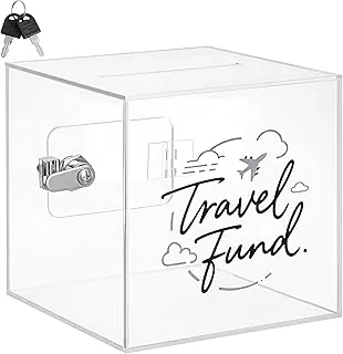 Honeydak Travel Fund - Alcancía transparente con cerradura y llave, caja de ahorro de dinero acrílico transparente para dinero en efectivo y dinero real (5.9 pulgadas)