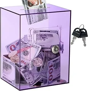 Imeepa Caja de Ahorro de Acrílico Transparente con Cerradura y Llave para Niños y Adultos, Caja de Dinero Abresible para Monedas y Efectivo Real (Morado)