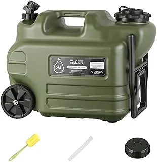 Jarra de agua de 7.4 galones, contenedor de agua portátil de 28 litros con rueda y mango de tracción, espiga, cepillo de limpieza, manguera desmontable y tapa extra, comedor de hidratación de