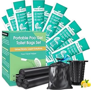Juego de 30 bolsas de gel absorbentes portátiles de 8 galones con gel absorbente portátil, polvo de orina con bolsas de basura para ir al aire libre, campamento, viajes, emergencia