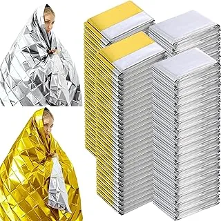 Kanayu Paquete de 100 mantas térmicas de aluminio de emergencia para supervivencia de 82 x 63 pulgadas, kit de manta espacial de aluminio para exteriores, camping, senderismo, supervivencia o primeros auxilios, 50 unidades, color dorado, 50 unidades, color plateado