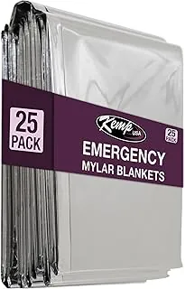 Kemp USA Manta de Mylar de emergencia, paquete de 25 unidades, ligera, térmica, reflectante, de supervivencia, primeros auxilios, preparación para desastres, vehículo de campamento, bolsa de suministros de emergencia