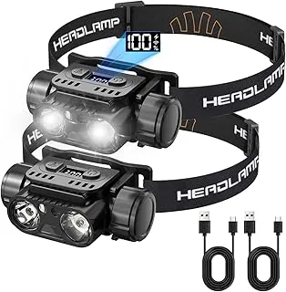 KINGBRO Paquete de 2 faros recargables, luz LED de 1200 lúmenes con sensor de movimiento, carga rápida USB-C, ajustable a 45°, 7 modos con luz roja, IPX4 impermeable para correr, acampar, casco duro