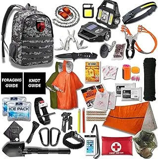 Kit completo de supervivencia de 460 piezas y kit de primeros auxilios | Mochila táctica con equipo de supervivencia | Bolsa para insectos | Iniciador de incendios, tienda de campaña, artículos
