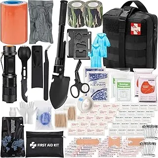 Kit de campamento de supervivencia de emergencia de 145 piezas, kit de primeros auxilios Molle con férula para el cuidado de heridas por trauma, kit de preparación para tornados al aire libre