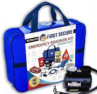Kit de emergencia para automóvil con compresor de aire, cables de puente, primeros auxilios, correa de remolque, medidor de neumáticos, faro delantero, kit de seguridad en carretera para mujeres