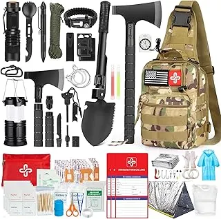 Kit de supervivencia, 262 piezas de equipo y suministros de supervivencia con bolsa de kit de primeros auxilios y bolsa bandolera, kit de emergencia con tienda de campaña, hacha de camping, martillo