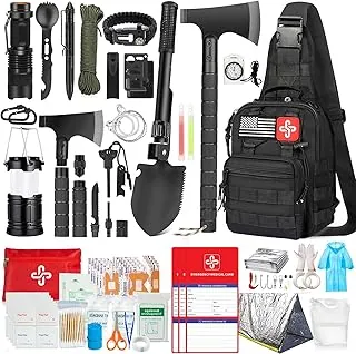 Kit de supervivencia, 262 piezas de equipo y suministros de supervivencia con bolsa de kit de primeros auxilios y bolsa bandolera, kit de emergencia con tienda de campaña, hacha de camping, martillo