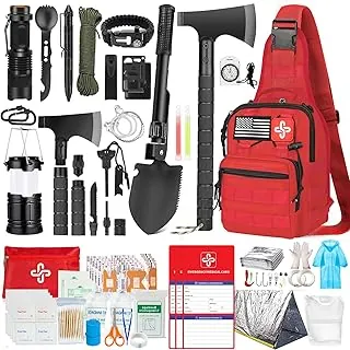 Kit de supervivencia, 262 piezas de equipo y suministros de supervivencia con bolsa de kit de primeros auxilios y bolsa bandolera, kit de emergencia con tienda de campaña, hacha de camping, martillo
