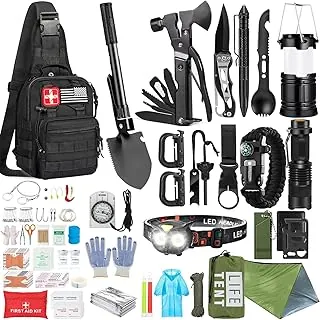 Kit de supervivencia, 294 piezas de equipo de supervivencia con bolsa compatible con sistema Molle y tienda de emergencia, kit de emergencia para terremotos, aventuras al aire libre, senderismo, caza, regalos para hombres y mujeres