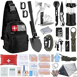 Kit de supervivencia, regalos para Navidad para hombres y mujeres, 251 piezas de equipo de supervivencia de emergencia y suministros, kit de primeros auxilios con bolsa bandolera, elementos esenciales
