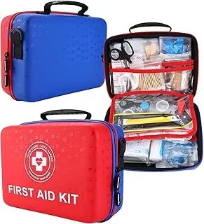 Kit grande de primeros auxilios – Kit de emergencia de 410 piezas de doble color con carcasa dura y revestimiento interior fluorescente, kit de supervivencia profesional para el hogar, automóvil, viajes, senderismo y exteriores (rojo/azul)