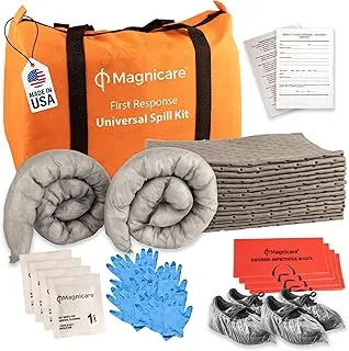 Kit universal para derrames aprobado por la OSHA, kit de limpieza de riesgos biológicos para aceite, agua y productos químicos | 15 almohadillas absorbentes, 2 calcetines, EPP, bolsas de riesgo biológico en bolsa de lona naranja brillante