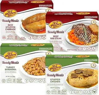 Kosher Mre - Comidas de carne listas para comer, variedad de carne de ternera, rollos de repollo rellenos, pechuga de pollo, shwarma de pavo (paquete de 4), plato preparado totalmente cocido, cena de