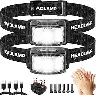 Linterna frontal recargable, 2 unidades de 2000 lúmenes, linterna LED súper brillante, 16 modos de luz con sensor de movimiento, linterna ligera impermeable IPX6, linterna blanca y roja para pesca