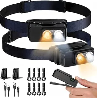 Linterna frontal recargable, 2 unidades, lámpara LED súper brillante con sensor de movimiento y luz cálida blanca, 8 modos y base magnética IPX7 impermeable para frente casco luz para camping, senderismo, pesca